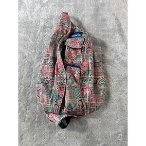 KAVU Rope Bag Sling Backpack Shoulder Bag Geometric Tribal‎ Tan Pink Green